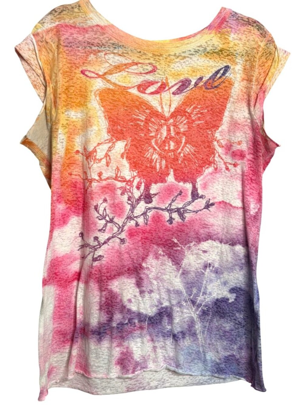 Mudd Burnout Graphic Tee Shirt Womens XL Extra Large Multicolor Tie Dye Butterfl